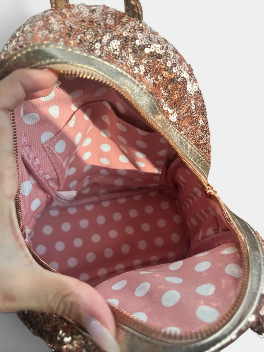 Loungefly Disney Parks Minnie Mouse Sequined Mini Backpack – Rose Gold